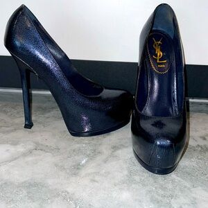 YSL Navy Leather Platform Pumps